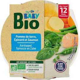 CARREFOUR BABY Plat bébé bio épinard saumon 12 mois 230g