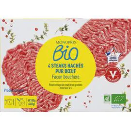 MONOPRIX BIO Steaks hachés pur boeuf, façon bouchère, surgelés 400g