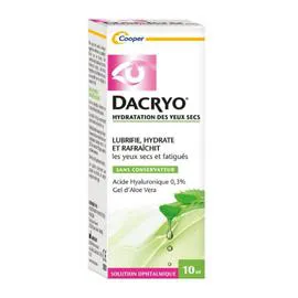 DACRYO Solution Ophtalmique Lubrifie Hydrate Et Rafraîchit Les Yeux Secs Et Fatigués À L'Acide Hyaluronique Et Gel D'Aloe Vera 10ml