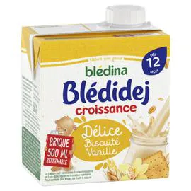 BLÉDINA, BLÉDIDEJ Lait et céréales bébé dès 12 mois saveur délice biscuité vanille 500ml