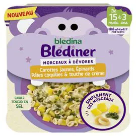 BLÉDINA, BLÉDÎNER Plat bébé dès 15 mois morceaux de carottes jaunes épinards pâtes coquilles et crème 200g