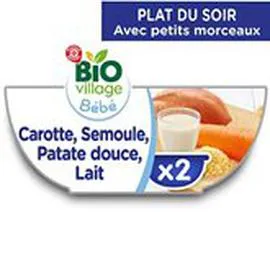 MARQUE REPÈRE, BIO VILLAGE Bol semoule 8 mois Bio Patate douce lait 2x200g