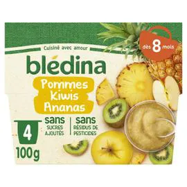 BLÉDINA Purée de fruits bébé dès 8 mois pomme kiwis ananas 4x100g