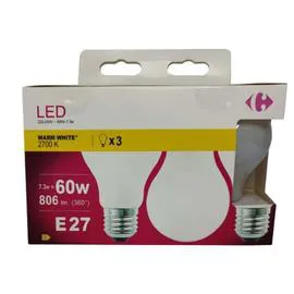 CARREFOUR Ampoule LED E27 Standard Blanc-chaud 60W X3 x3