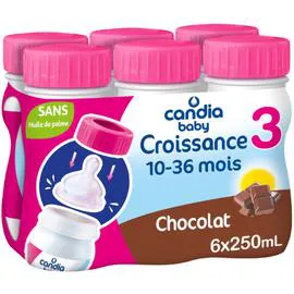 CANDIA BABY Lait bébé 3ème âge croissance chocolat 6x25cl