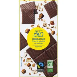 MONOPRIX BIO Chocolat au lait dégustation aux éclats de noisettes caramélisées 100g