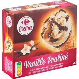 CARREFOUR EXTRA Glace Cône vanille praliné 6x68g
