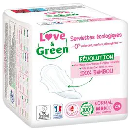 LOVE & GREEN Serviettes hygiéniques anti-irritation, normal x14