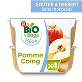 MARQUE REPÈRE, BIO VILLAGE Purée 4 mois Pomme coing bio 4x100g