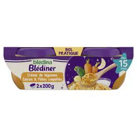 BLÉDINA, BLÉDÎNER Plat bébé dès 15 mois crème de légumes epices et pâtes coquille 2x200g