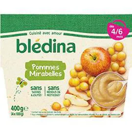 BLÉDINA Purée de fruits bébé pommes mirabelles dès 4-6 mois 4x100g