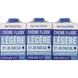 MONOPRIX Crème fluide légère 12% MG 3x20cl
