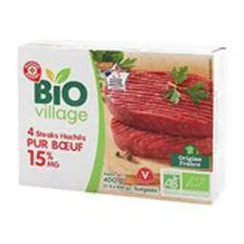 MARQUE REPÈRE, BIO VILLAGE Steak haché Bio Boeuf 15% MG 4x100g