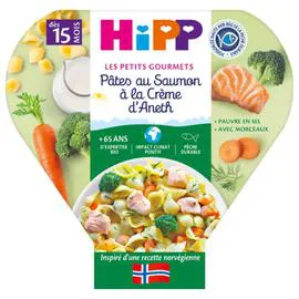 HIPP BIOLOGIQUE Plat bébé dès 15 mois pâtes au saumon à la crème d’aneth 250g