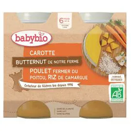 BABYBIO Petit pot bébé dès 6 mois, carotte courge poulet 2x200g