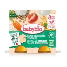 BABYBIO Repas bébé dès 8 mois pâtes bolognaises végétales lentilles tomate bio 2x200g