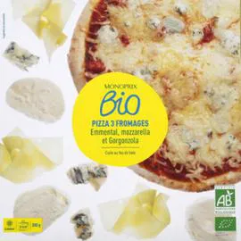MONOPRIX BIO Pizza 3 fromages bio, emmental, mozzarella et gorgonzola, surgelée 380g