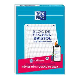 OXFORD Bloc de Fiches Bristol A6 Non perforées Petits Carreaux 5mm 30 Fiches Collées Blanches l'unité