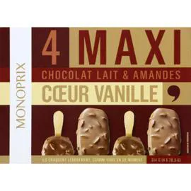 MONOPRIX Bâtonnets maxi chocolat au lait & amandes coeur vanille 314g