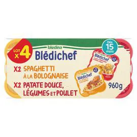 BLÉDINA, BLÉDICHEF Plat bébé dès 15 mois patate douce légumes poulet et spaghetti à la bolognaise 2x230g+2x250g