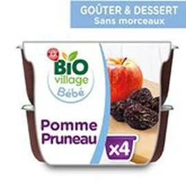MARQUE REPÈRE, BIO VILLAGE Purée 4 mois Pomme pruneaux bio 4x100g