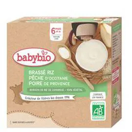 BABYBIO 100% végétal Gourde brassé riz pêche et poire bio dès 6 mois 4x85g