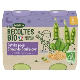 BLÉDINA, LES RECOLTES BIO Petit pot bébé soir petits morceaux petits pois épinards boulghour - dès 8 mois 2x200g