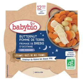 BABYBIO Plat bébé 12 mois et+,butternut, pomme de terre et fromage de brebis d'Occitanie muscade Bio 230g