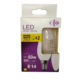 CARREFOUR Ampoule LED E14 Flamme Blanc-chaud 60W X2 x2