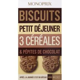 MONOPRIX Biscuits petit déjeuner trois céréales & pépites de chocolat 400g