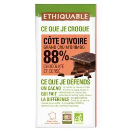 ÉTHIQUABLE Chocolat noir 88% cacao cacaoté et corsé Bolivie Bio 100g