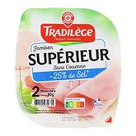 MARQUE REPÈRE, TRADILÈGE Jambon supérieur -25% de sel - Découenné x2 80g