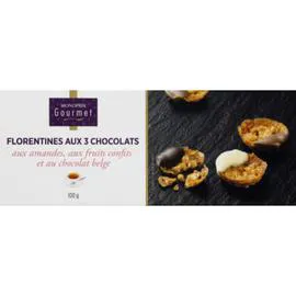 MONOPRIX GOURMET Florentines aux 3 chocolats aux amandes, aux fruits confits et au chocolat belge 100g