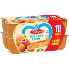 MATERNE Compotes s/sucres ajoutés pomme pêche abricot format familial 16x100g