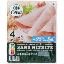 CARREFOUR EXTRA Jambon supérieur sel réduit sans nitrite 140g