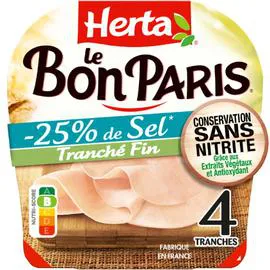 HERTA Jambon tranché fin sel réduit conservation sans nitrite Le Bon Paris 120g