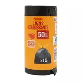 AUCHAN Sacs poubelle avec liens coulissants 50L x15