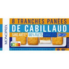 MONOPRIX Tranches panées de cabillaud sans arêtes, 100% filets, surgelées 400g