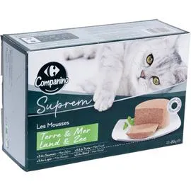 CARREFOUR COMPANINO Pâtée pour chat Adulte en mousse au saumon, à la truite, au lapin & boeuf 12x85g