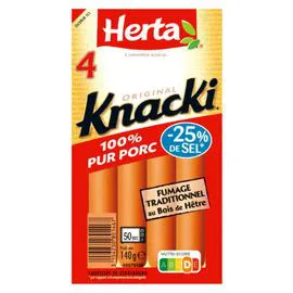 HERTA, KNACKI Saucisses 100% Pur Porc sel réduit 140g