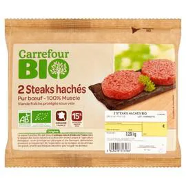 CARREFOUR BIO Steaks hachés viande bovine Bio 15% MG 2x125g