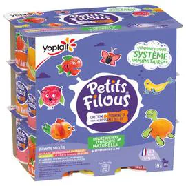 YOPLAIT, PETITS FILOUS Yaourt enfants fruits mixés fraise framboise abricot banane fruits rouges pêche 18x50g