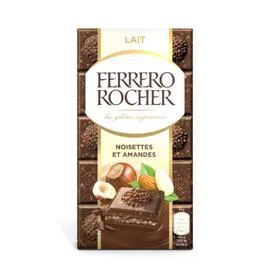 FERRERO, FERRERO ROCHER Tablette chocolat au lait fourrée noisettes et amandes 90g