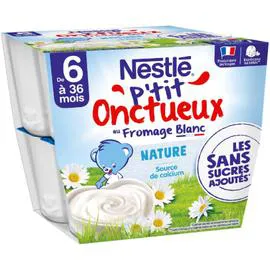 NESTLÉ, P'TIT ONCTUEUX Pot dessert lacté au fromage blanc sans soucres ajoutés - dès 6 mois 8x90g