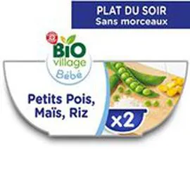 MARQUE REPÈRE, BIO VILLAGE Bol 6 mois Petits pois Riz Maïs 2x200g