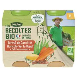 BLÉDINA, LES RECOLTES BIO Petit pot bébé écrasé de carottes haricots verts boeuf - dès 8 mois 2x200g