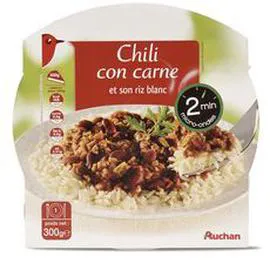 AUCHAN Chili con carne et son riz blanc en barquette 2min au micro-ondes 300g