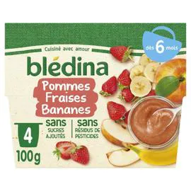 BLÉDINA Purée de fruits bébé dès 6 mois pommes fraises bananes 4x100g