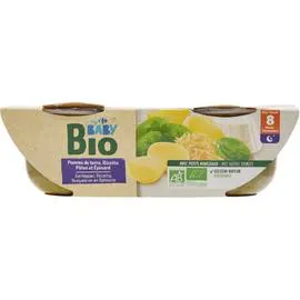 CARREFOUR BABY BIO Plat bébé 8 m pdt ricotta pâtes épinard 2x200g