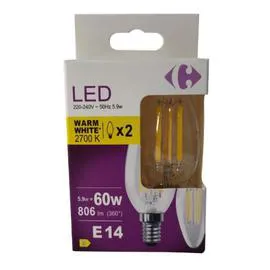 CARREFOUR Ampoule LED Fil flamme - 60W - E14 x2